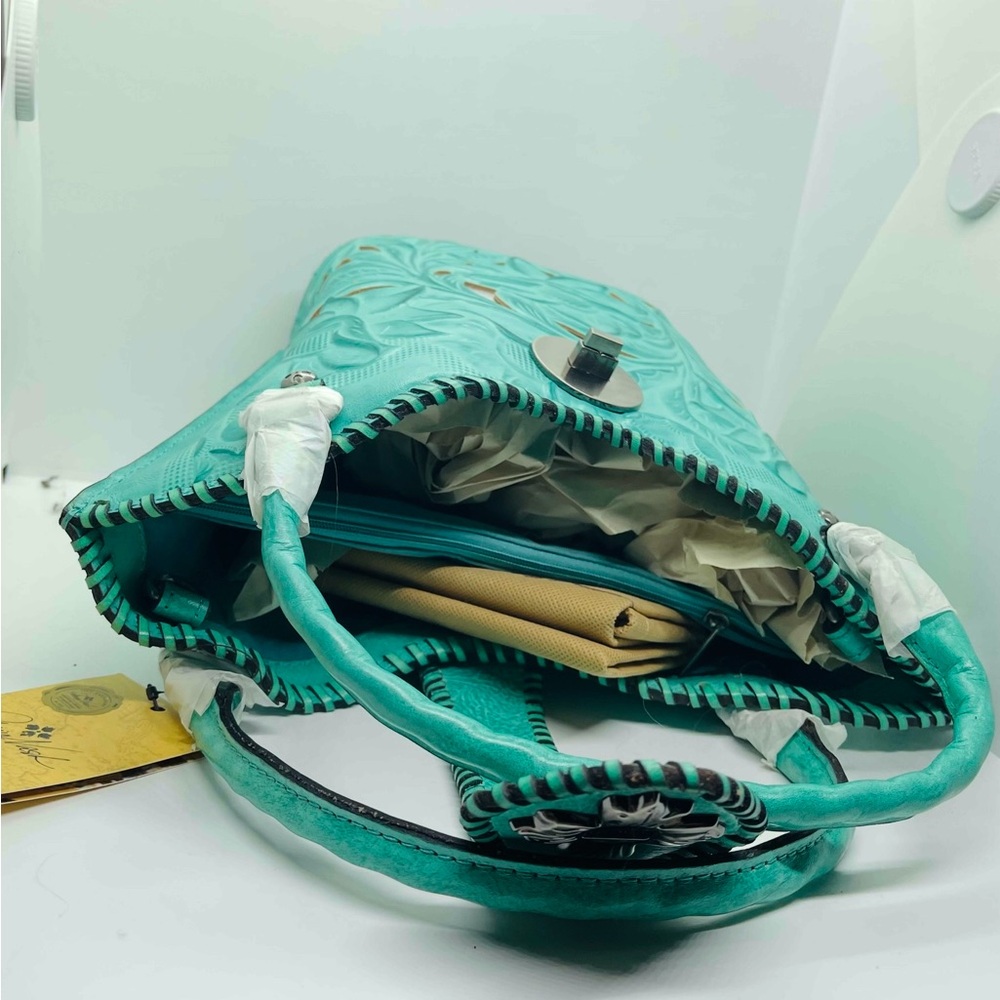 🌷Patricia Nash🌷100% Handmade Leather Crossbody, Tote/Bag, Green/Teal/Aqua NWT - Picture 10 of 13